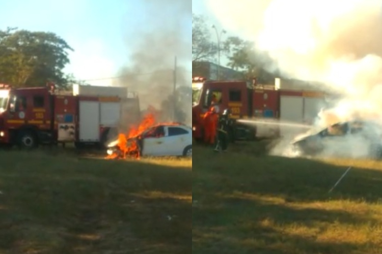 Carro pega fogo no setor de esportes da UFPI em Teresina e fica destruído (Foto:  Reprodução/ WhatsApp)
