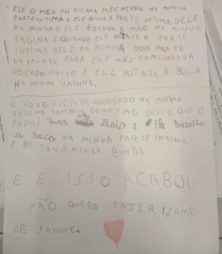 Criança de 9 anos relata em carta ter sido estuprada pelo pai e avô: “Doía” - Imagem 1