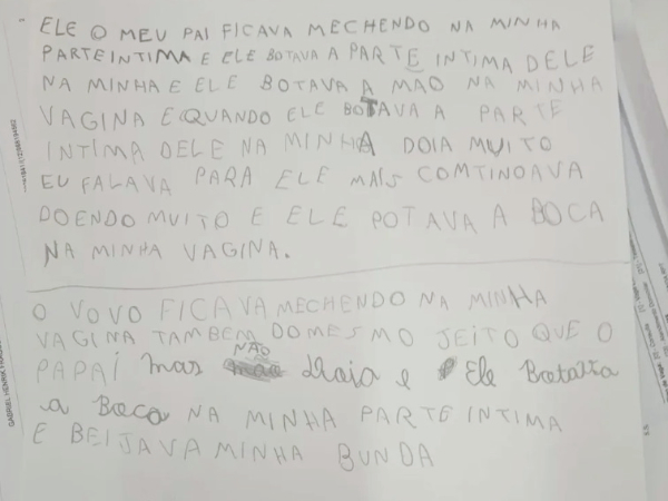 Criança de 9 anos relata em carta ter sido estuprada pelo pai e avô: “Doía”