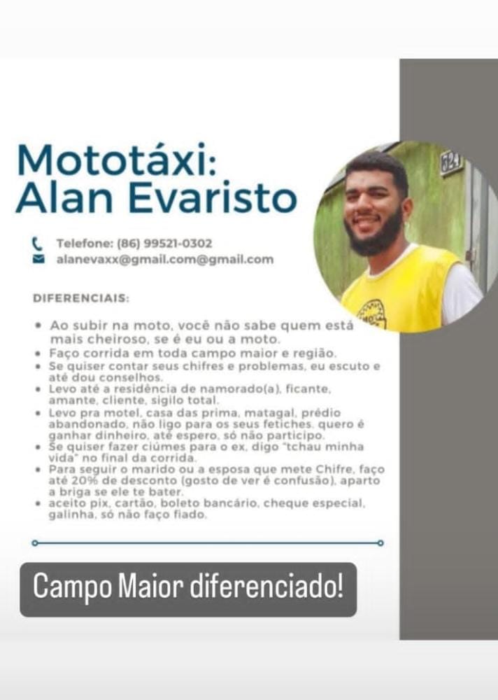Currículo de mototaxista de Campo Maior viraliza: “Levo pra motel, matagal” (Foto: Reprodução/ WhatsApp)